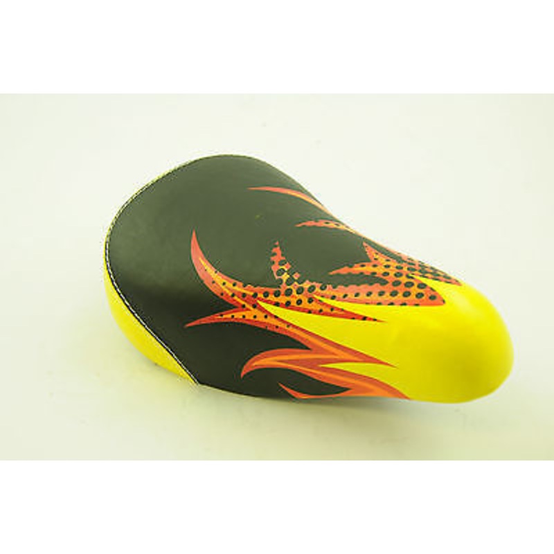 RALEIGH MX JUNIOR BIKE SADDLE QUALITY SEAT YELLOW & BLACK+FLAME PATTERN WBZP142