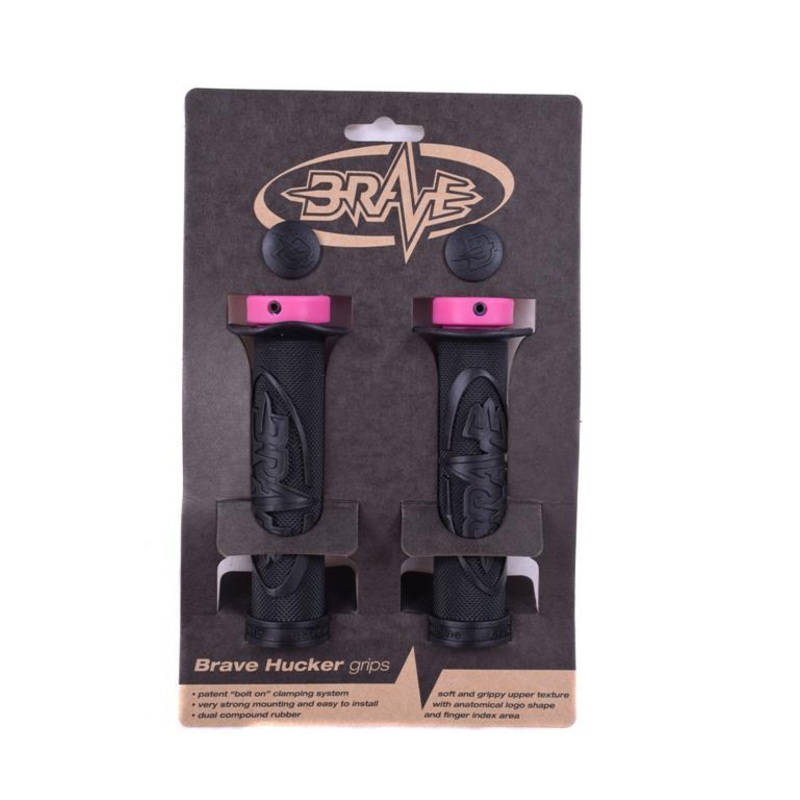 BRAVE ‘HUCKER HANDLEBAR GRIPS LOCK-ON 22.2mm BLACK WITH PINK LOCK RINGS 65% OFF