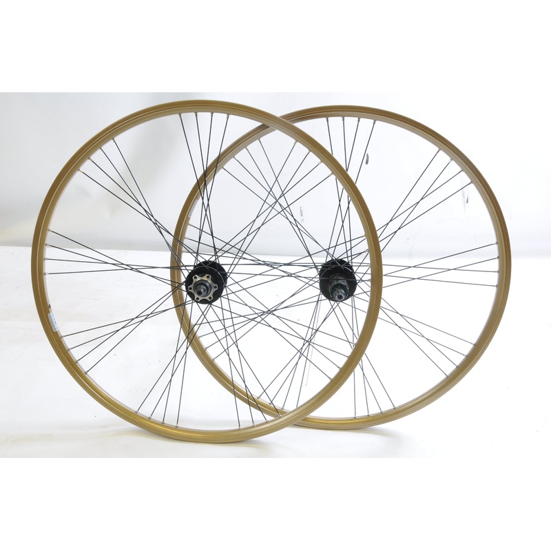 VERY SPECIAL PAIR 700c HYBRID BIKE WHEELS DISC BRAKE 8-9 SPEED CASSETTE 9 x 4 SPOKE PATTERN GOLD RIM