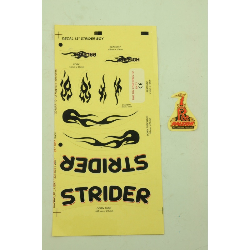 RALEIGH STRIDER KIDS BIKE DECAL TRANSFER SET,STICKER PACK  WTFRSTRD